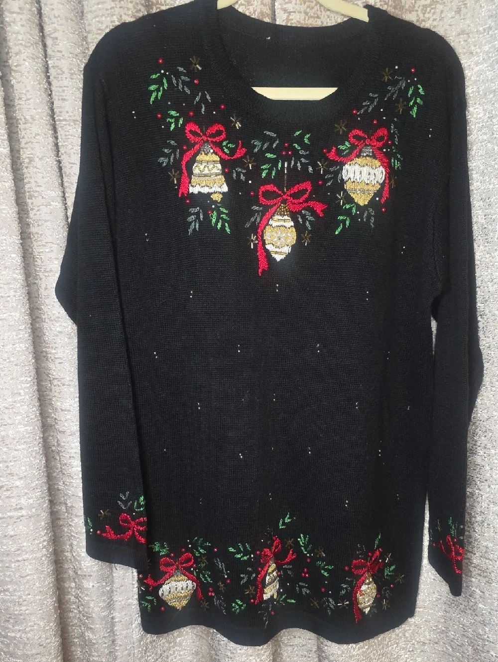 Black Vintage Holiday Ornament Sweater with Red Bows